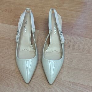 Prada Cream Patent Leather Pointed Slingback Pumps
